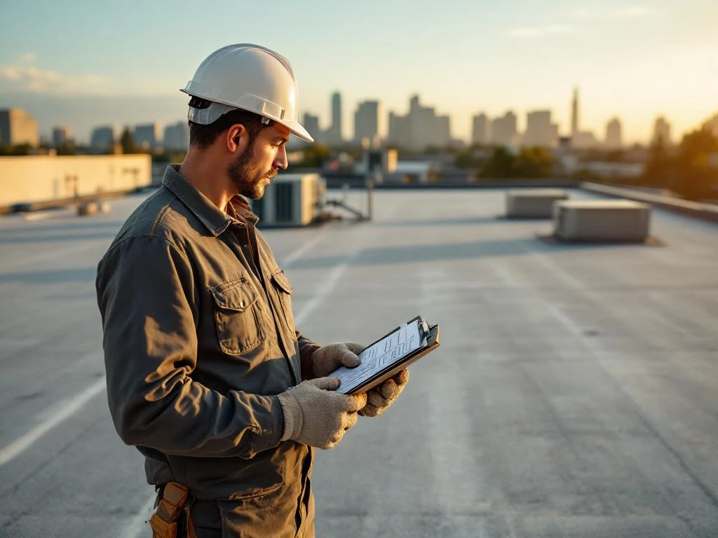Professionele aannemer inspecteert commercieel plat dak met klembord, HVAC-systemen en stadslandschap op achtergrond