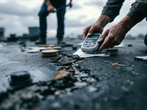 Dakdekker inspecteert beschadigd EPDM dakbedekking met vochtmeter, zichtbare scheuren en slijtage op plat dak