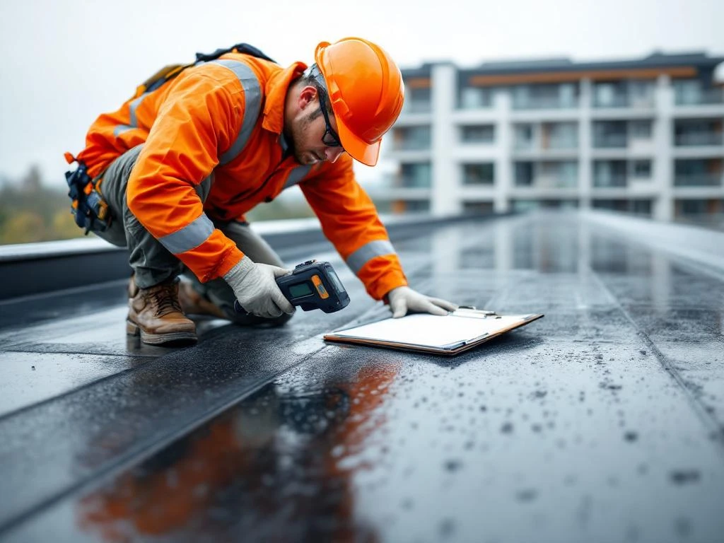 Bouwvakker in veiligheidspak inspecteert plat dak met vochtmeter, waterdruppels zichtbaar op rubberen dakbedekking