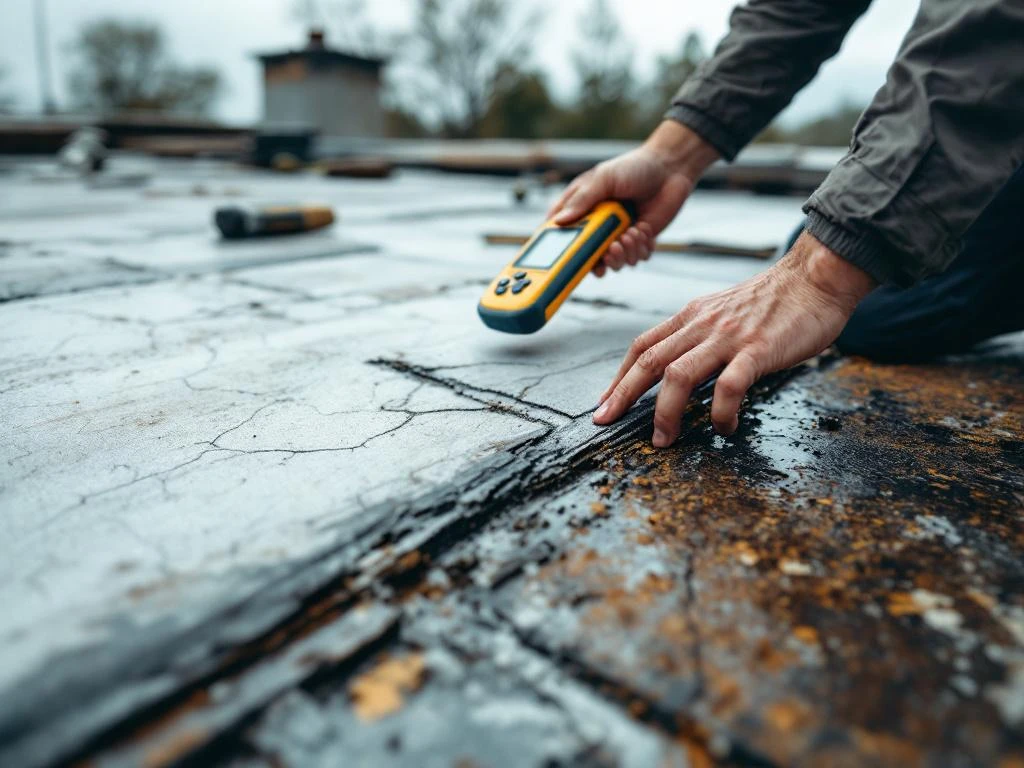 Professionele dakdekker inspecteert verouderd plat dak met vochtmeter, zichtbare scheuren en slijtage in dakmembraan