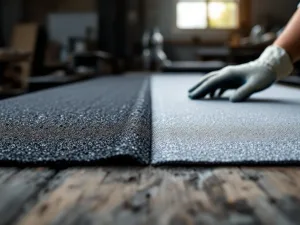 Twee dakbedekkingsmonsters op werkbank: donker bitumen membraan en lichtgrijze PVC dakbedekking, gehandschoende hand inspecteert