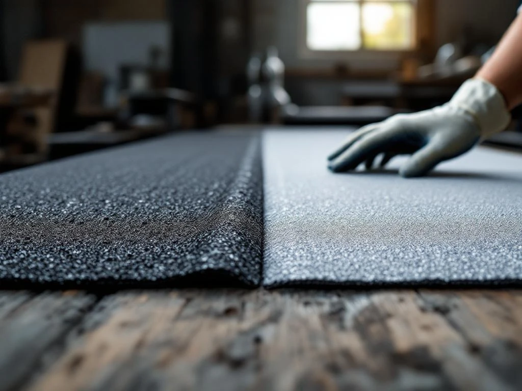 Twee dakbedekkingsmonsters op werkbank: donker bitumen membraan en lichtgrijze PVC dakbedekking, gehandschoende hand inspecteert