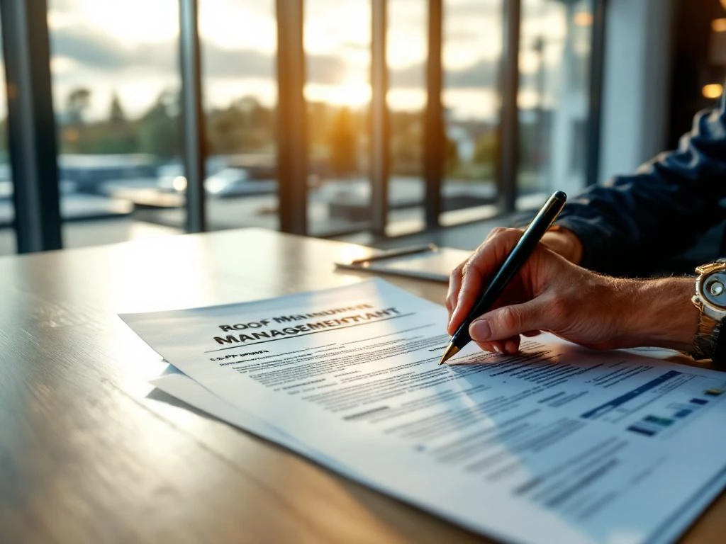 Professionele aannemer in veiligheidshelm bestudeert dakbeheercontract aan bureau met EPDM dak op achtergrond