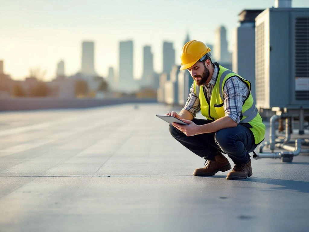 Professionele gebouwinspecteur in gele veiligheidsvest onderzoekt commercieel dak met tablet naast HVAC-apparatuur
