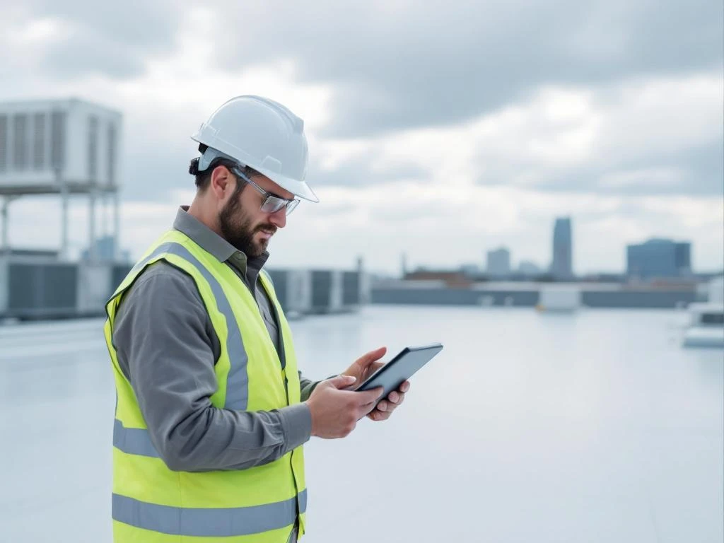 Professionele bouwinspecteur met tablet onderzoekt plat dak van commercieel gebouw, HVAC-installaties op achtergrond