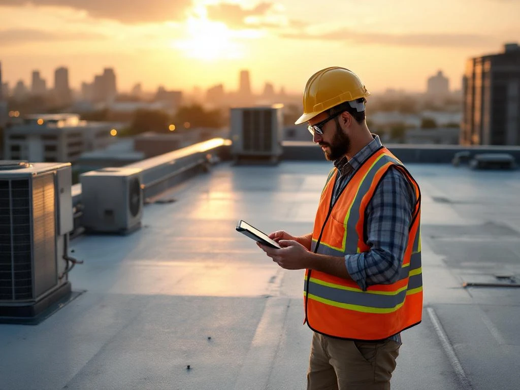 Professionele vastgoedbeheerder inspecteert commercieel dak met tablet, HVAC-units en drainage zichtbaar