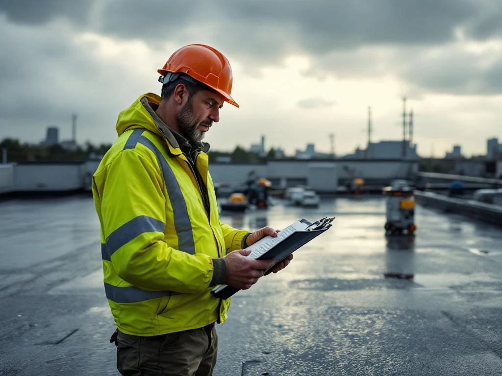 Professionele dakbeheerder in veiligheidspak inspecteert commercieel dak na stormschade met water op membraan