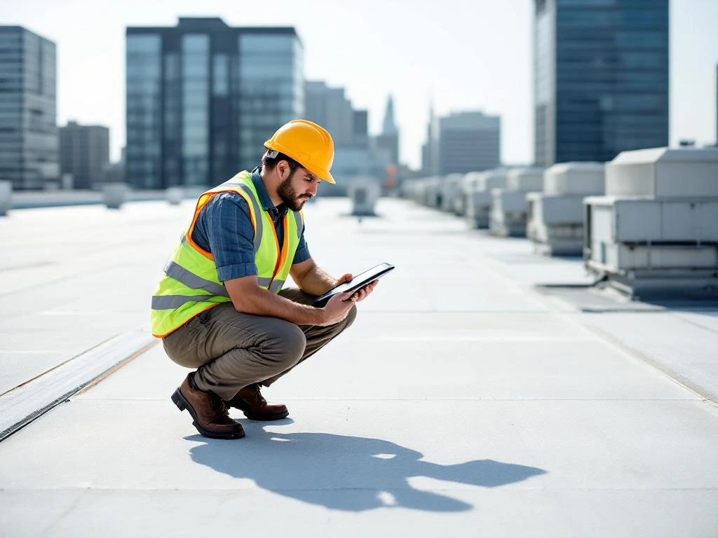 Professionele inspecteur in veiligheidsvest onderzoekt HVAC-apparatuur op commercieel dak met digitale tablet