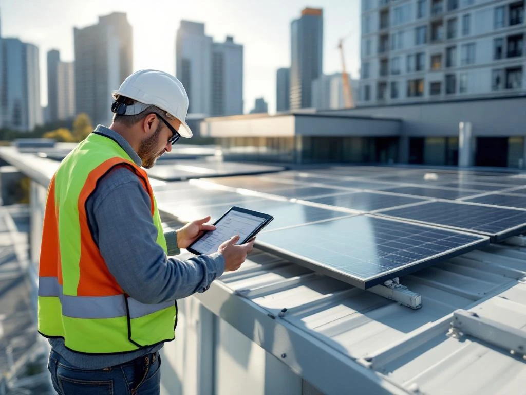 Gebouwinspecteur in veiligheidsvest onderzoekt plat dak met zonnepanelen, houdt digitale tablet vast op modern commercieel gebouw