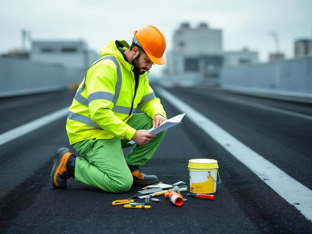 Professionele dakdekker in veiligheidspak inspecteert zwart bitumen dak met checklist en gereedschap op commercieel gebouw