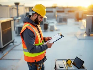 Professionele dakdekker in veiligheidskledij controleert checklist op plat commercieel dak met HVAC-units op achtergrond
