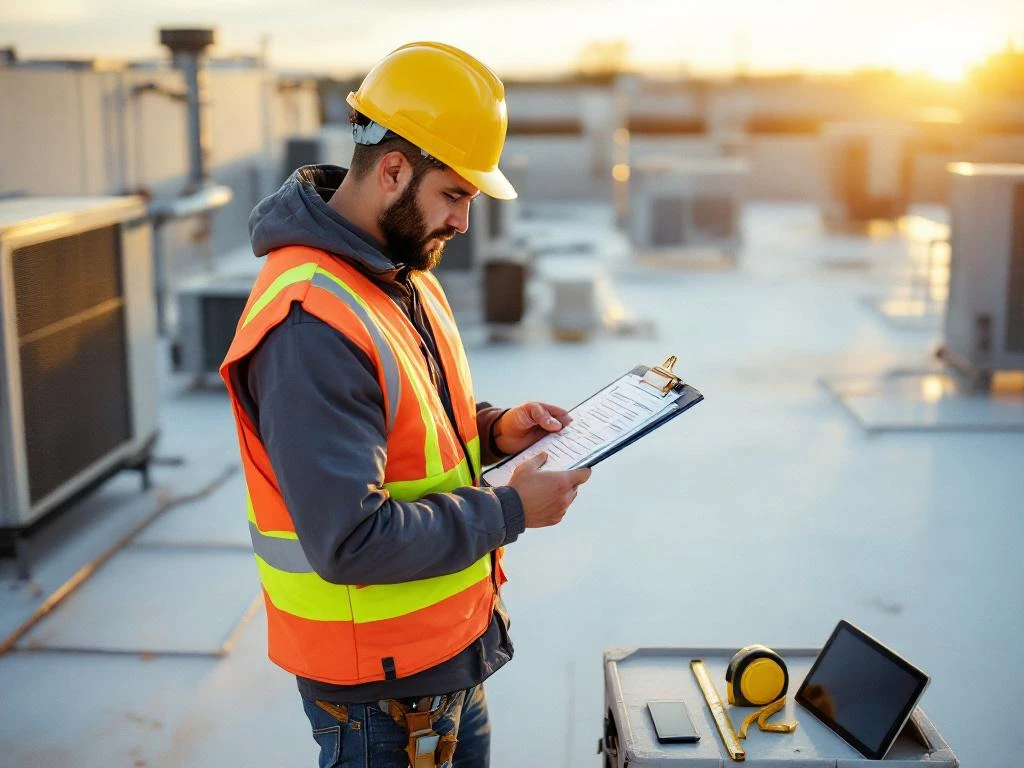 Professionele dakdekker in veiligheidskledij controleert checklist op plat commercieel dak met HVAC-units op achtergrond