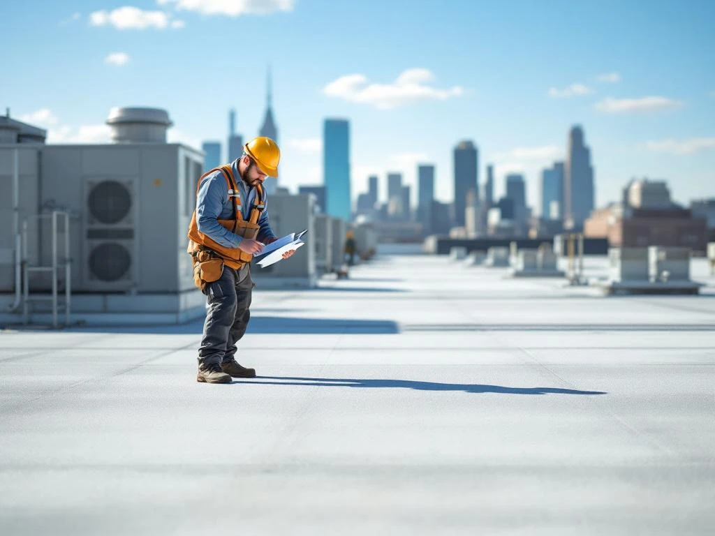 Professionele dakdekker inspecteert plat dak van kantoorgebouw met klembord, HVAC-units op achtergrond