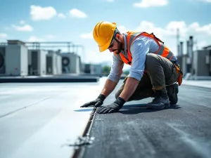 Professionele dakdekker in veiligheidsvest inspecteert plat commercieel dak met HVAC-systemen op achtergrond