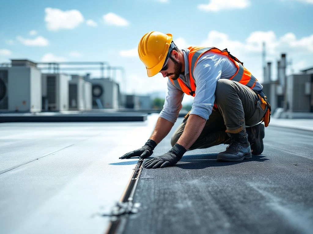 Professionele dakdekker in veiligheidsvest inspecteert plat commercieel dak met HVAC-systemen op achtergrond