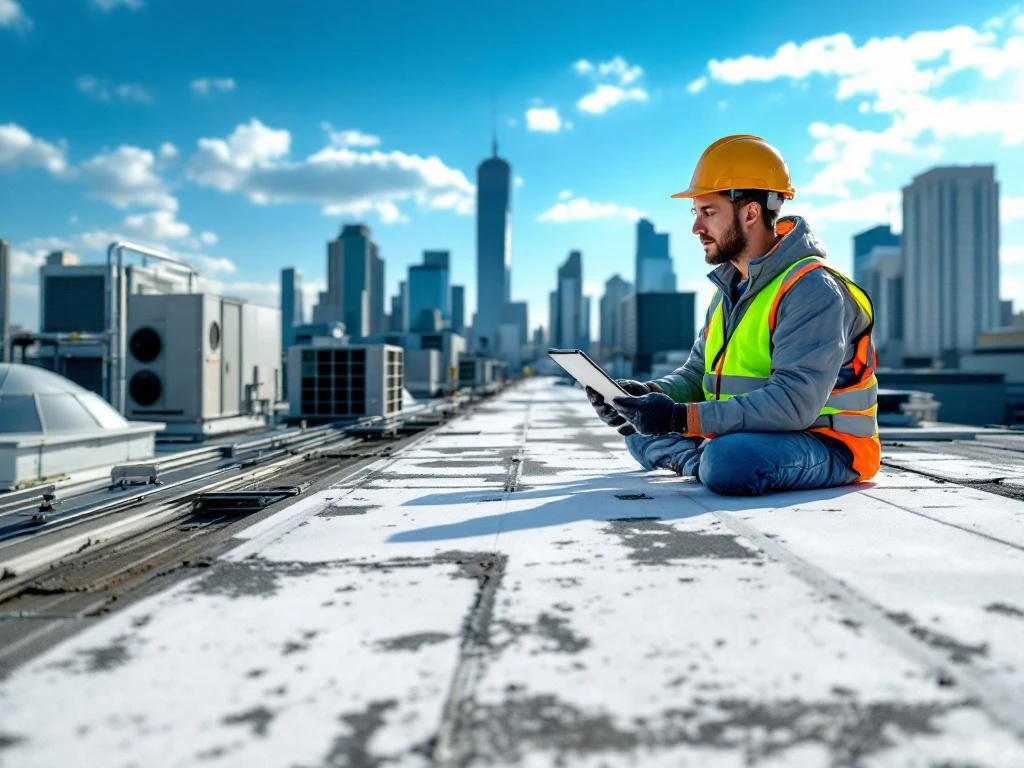 Professionele dakdekker in veiligheidskleding inspecteert commercieel plat dak met tablet, HVAC-units zichtbaar