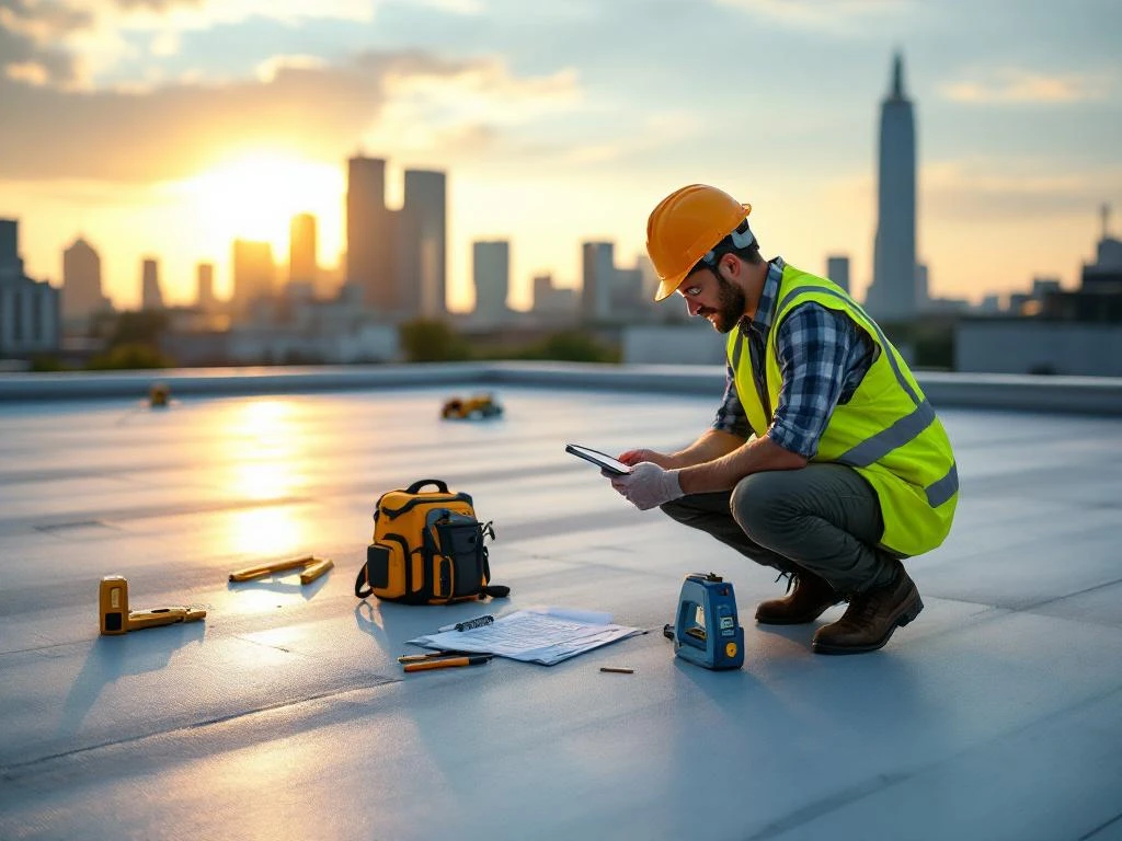 Professionele dakdekker in veiligheidsvest inspecteert commercieel plat dak met tablet en checklist bij zonsondergang