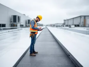 Professionele dakdekker in veiligheidspak inspecteert plat bedrijfsdak met tablet, HVAC-units op achtergrond