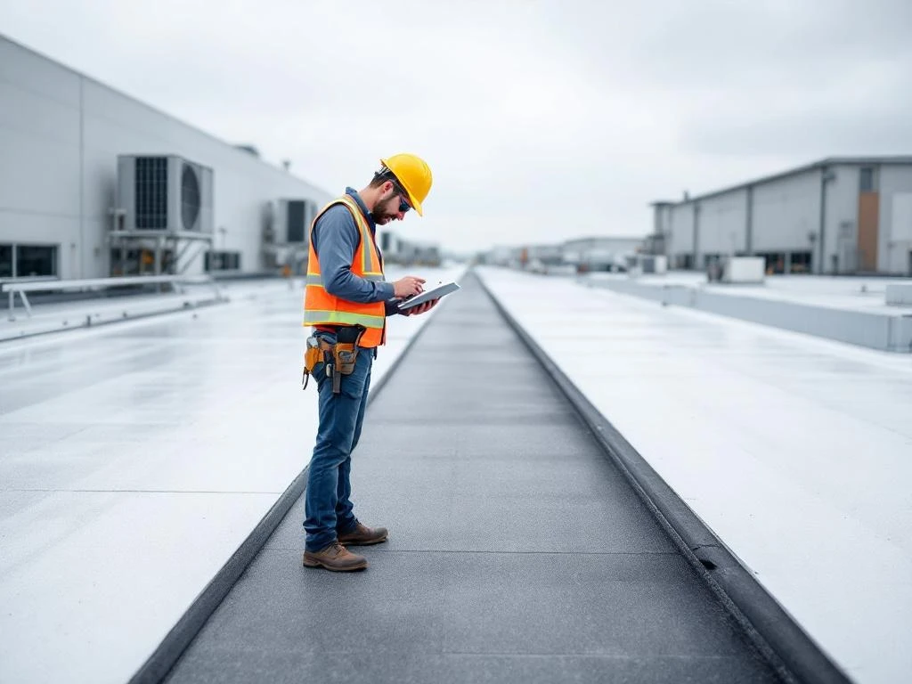 Professionele dakdekker in veiligheidspak inspecteert plat bedrijfsdak met tablet, HVAC-units op achtergrond