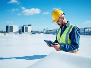 Professionele dakdekker in reflecterende kleding inspecteert wit EPDM dak met tablet, HVAC-units op achtergrond