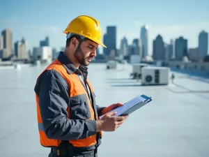 Professionele dakbeheerder met helm inspecteert commercieel dak met klembord, HVAC-systemen en stadssilhouet zichtbaar