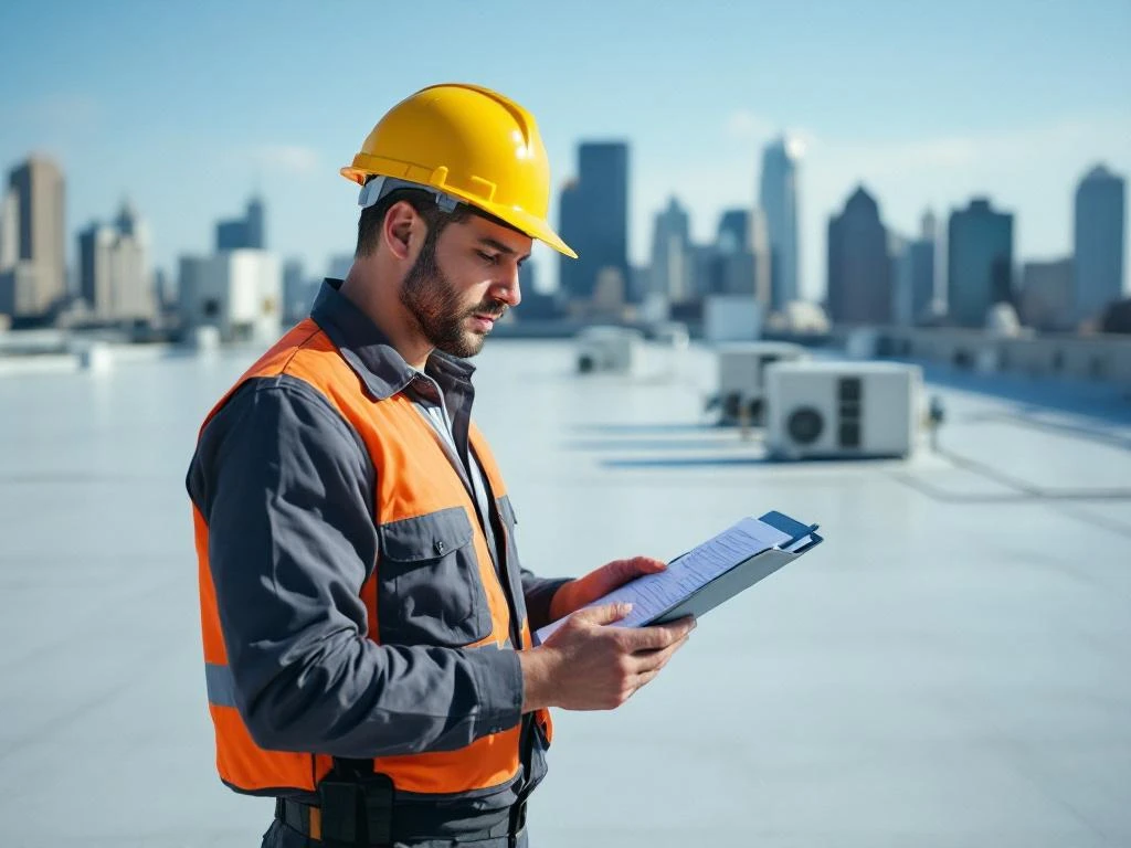 Professionele dakbeheerder met helm inspecteert commercieel dak met klembord, HVAC-systemen en stadssilhouet zichtbaar