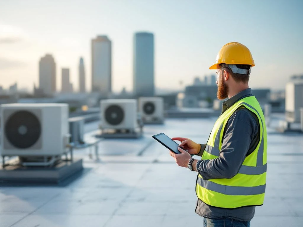 Professionele gebouwinspecteur met tablet onderzoekt commercieel dak en HVAC-systemen in stedelijke omgeving