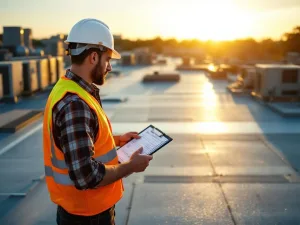 Bouwvakker in helm inspecteert commercieel dakmembraan met checklist, HVAC-units zichtbaar op achtergrond