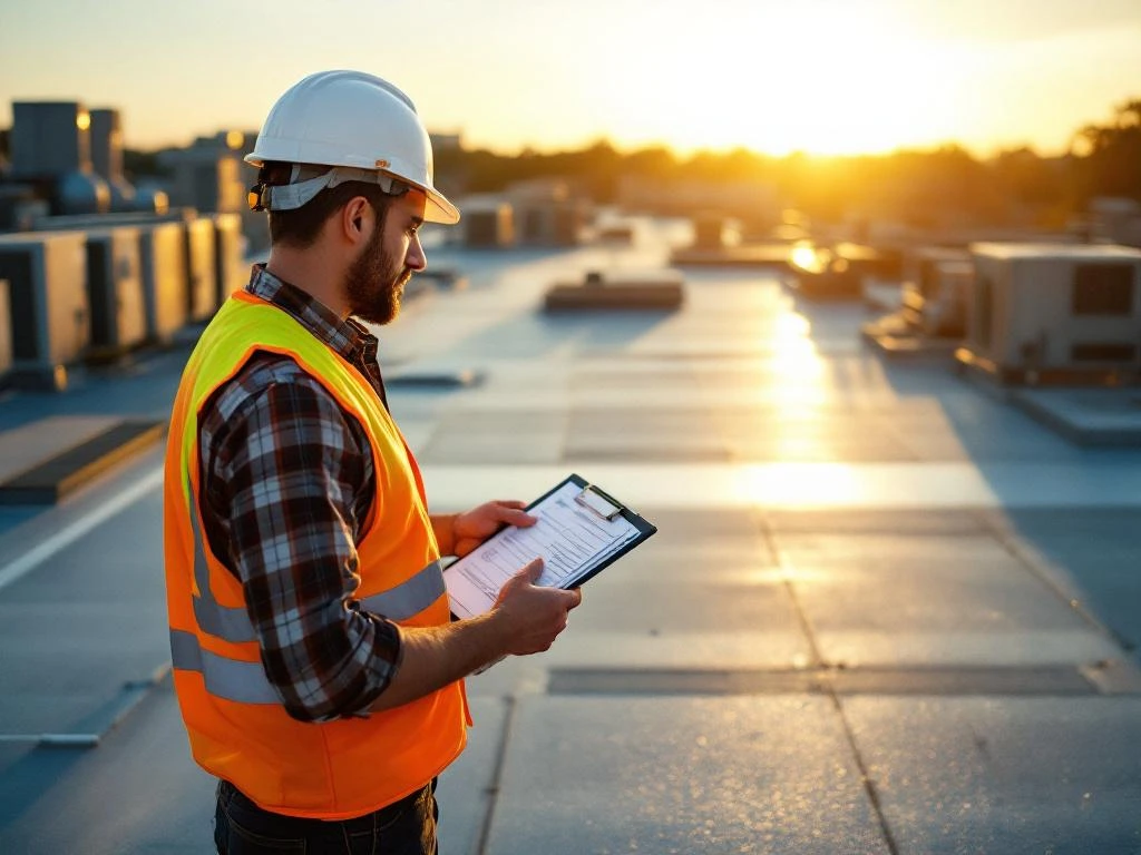Bouwvakker in helm inspecteert commercieel dakmembraan met checklist, HVAC-units zichtbaar op achtergrond