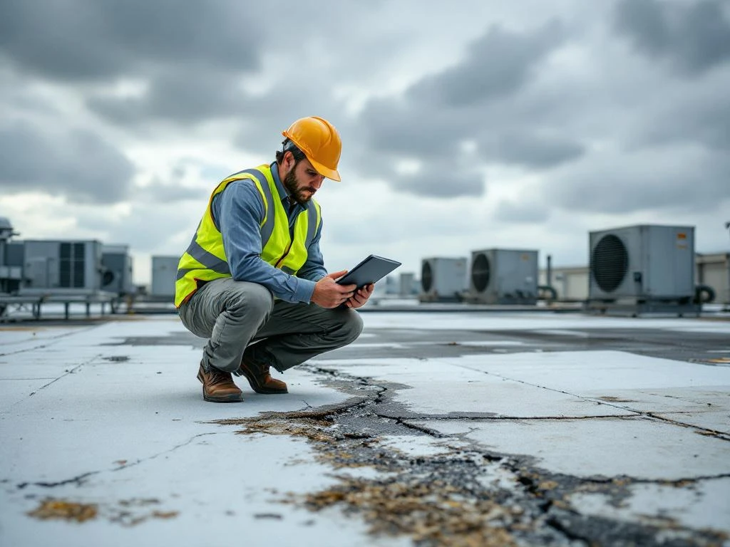 Professionele gebouwinspecteur in veiligheidsvest onderzoekt beschadigd dakbedekking op commercieel plat dak met tablet