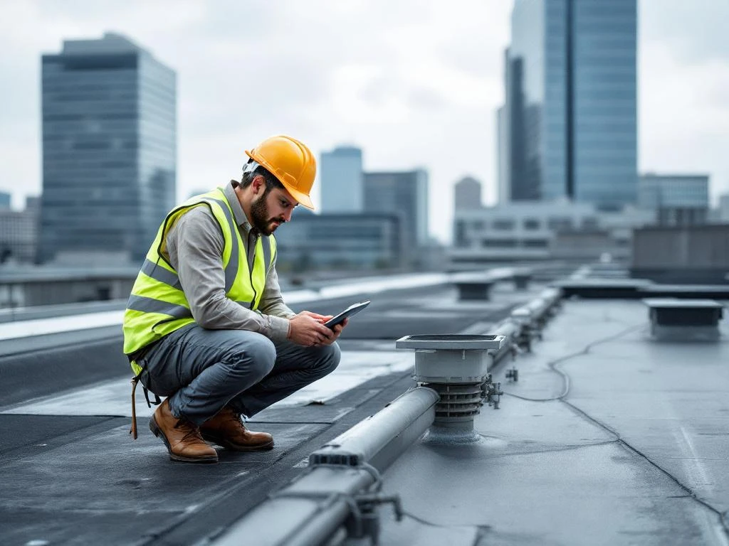 Professionele gebouwinspecteur met tablet controleert plat dak van commercieel gebouw, kantoorgebouwen op achtergrond