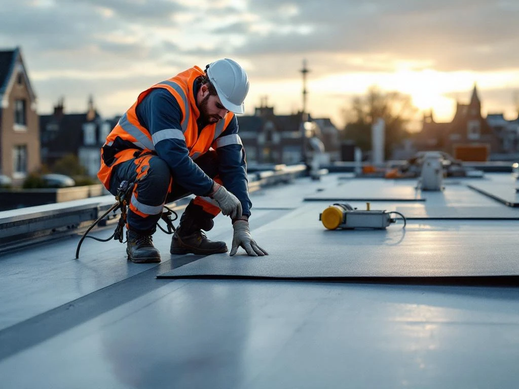 Professionele dakdekker inspecteert commercieel plat dak met Amsterdam grachtenhuizen op achtergrond