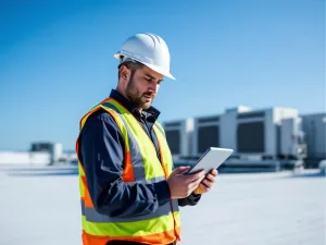 Professionele dakdekker met veiligheidsuitrusting inspecteert plat commercieel dak met digitale tablet
