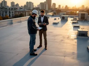 Professionele dakdekker inspecteert commercieel plat dak terwijl vastgoedmanager met tablet toekijkt op stedelijk gebouw