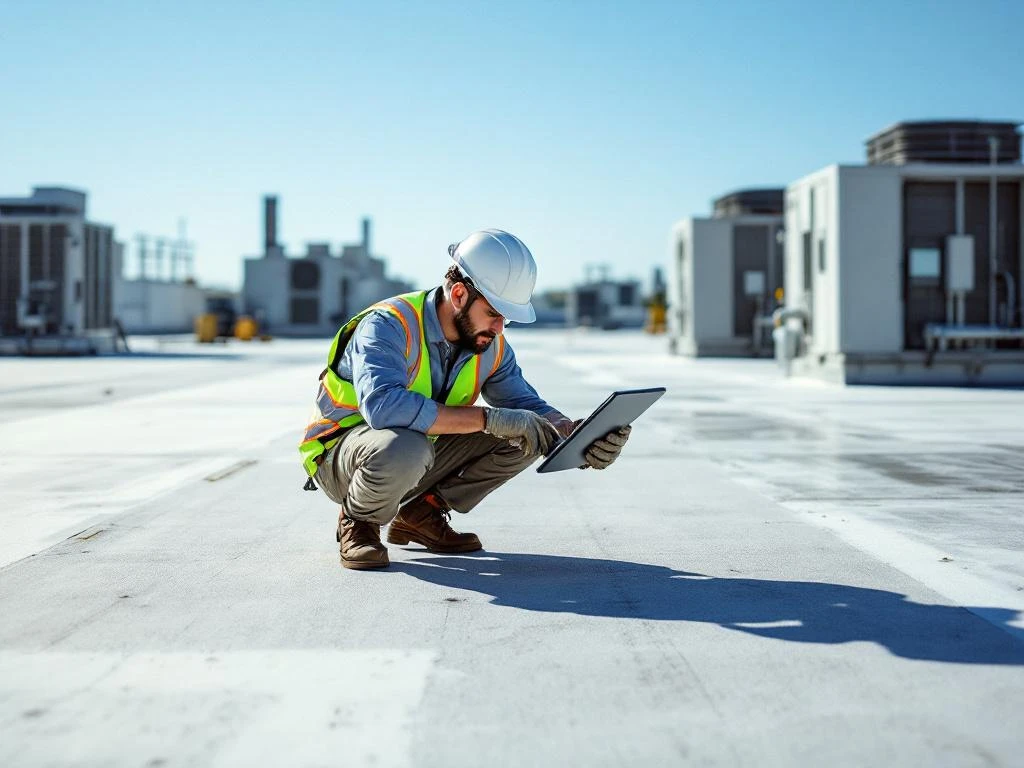 Professionele dakinspecteur in veiligheidsuitrusting onderzoekt commercieel plat dak met tablet, HVAC-units op achtergrond