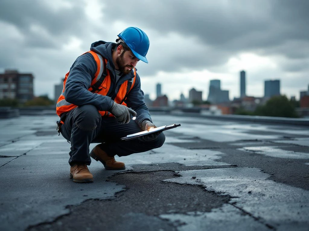 Professionele dakdekker in veiligheidskleding inspecteert beschadigd dakmembraan op commercieel plat dak met zaklamp