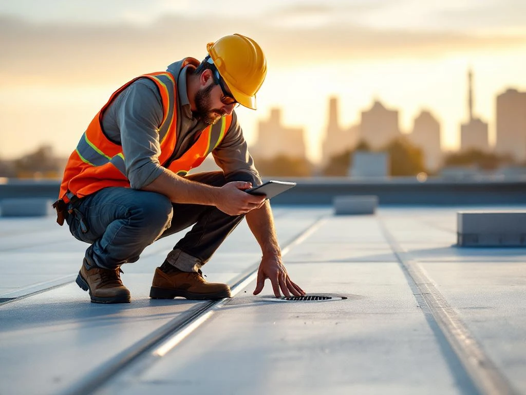 Professionele dakinspecteur onderzoekt commercieel plat dak met tablet, draagt veiligheidsvest en uitrusting