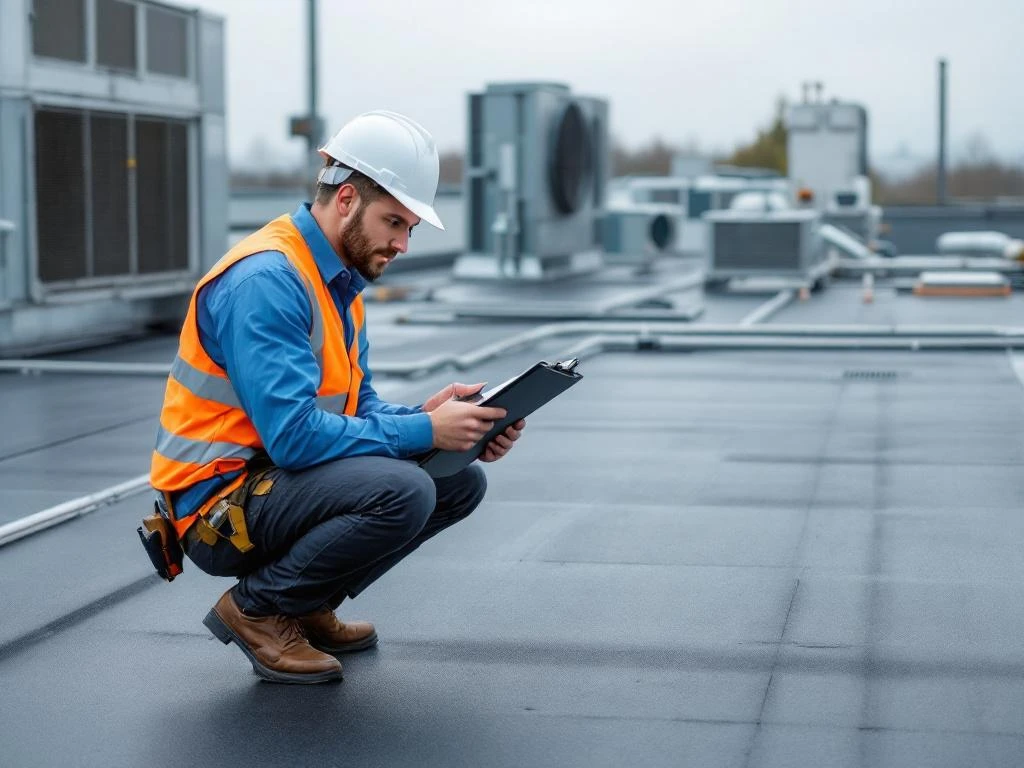 Professionele inspecteur met helm onderzoekt plat dak met checklist, geknield bij HVAC-apparatuur op industrieel gebouw