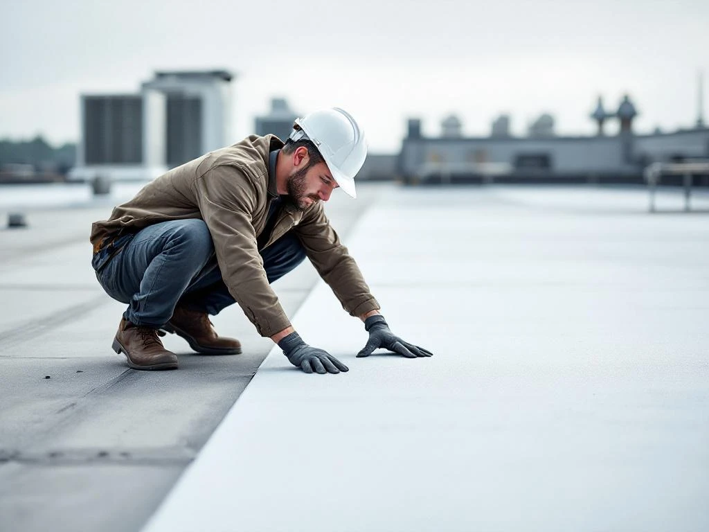 Professionele bouwvakker met helm inspecteert commercieel dakmembraan op industrieel gebouw met HVAC-systemen