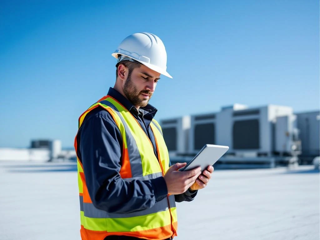 Professionele dakdekker met veiligheidsuitrusting inspecteert plat commercieel dak met digitale tablet