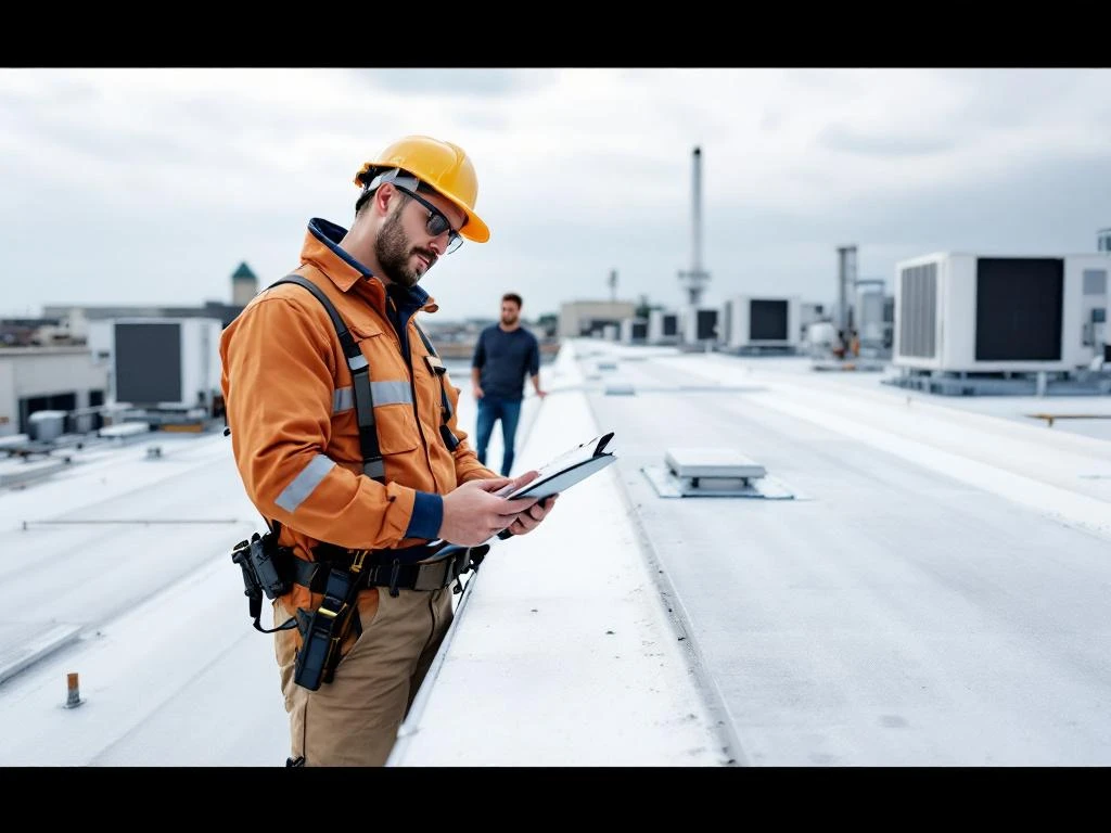 Professionele aannemer inspecteert plat dak terwijl huiseigenaar toekijkt, HVAC-units zichtbaar op industrieel dak