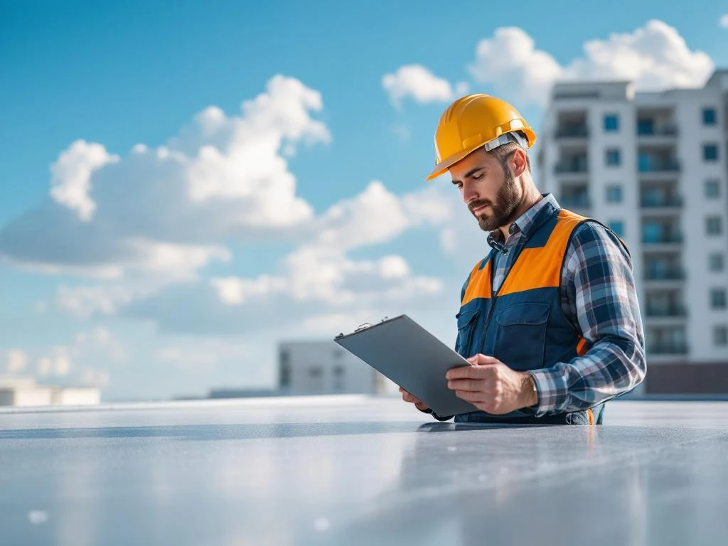Professionele gebouwinspecteur controleert plat dak membraan met klembord, onderzoekt drainage en waterdichting