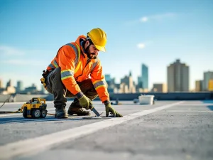 Professionele dakdekker in veiligheidskledij inspecteert commercieel plat dak met gereedschap, stedelijke skyline op achtergrond