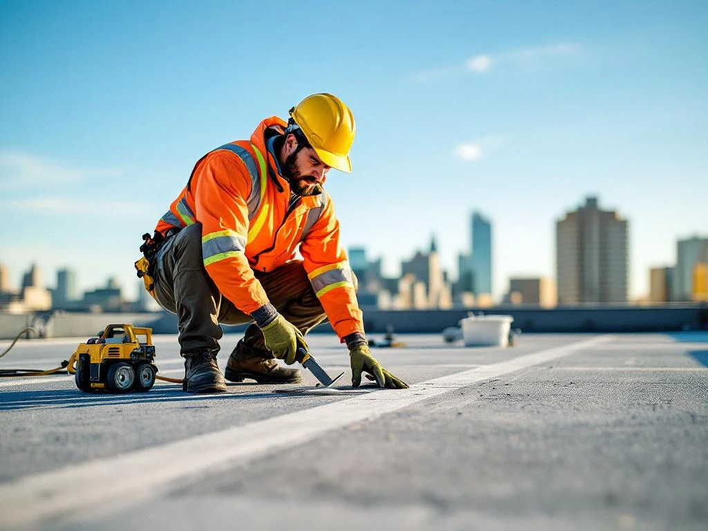 Professionele dakdekker in veiligheidskledij inspecteert commercieel plat dak met gereedschap, stedelijke skyline op achtergrond