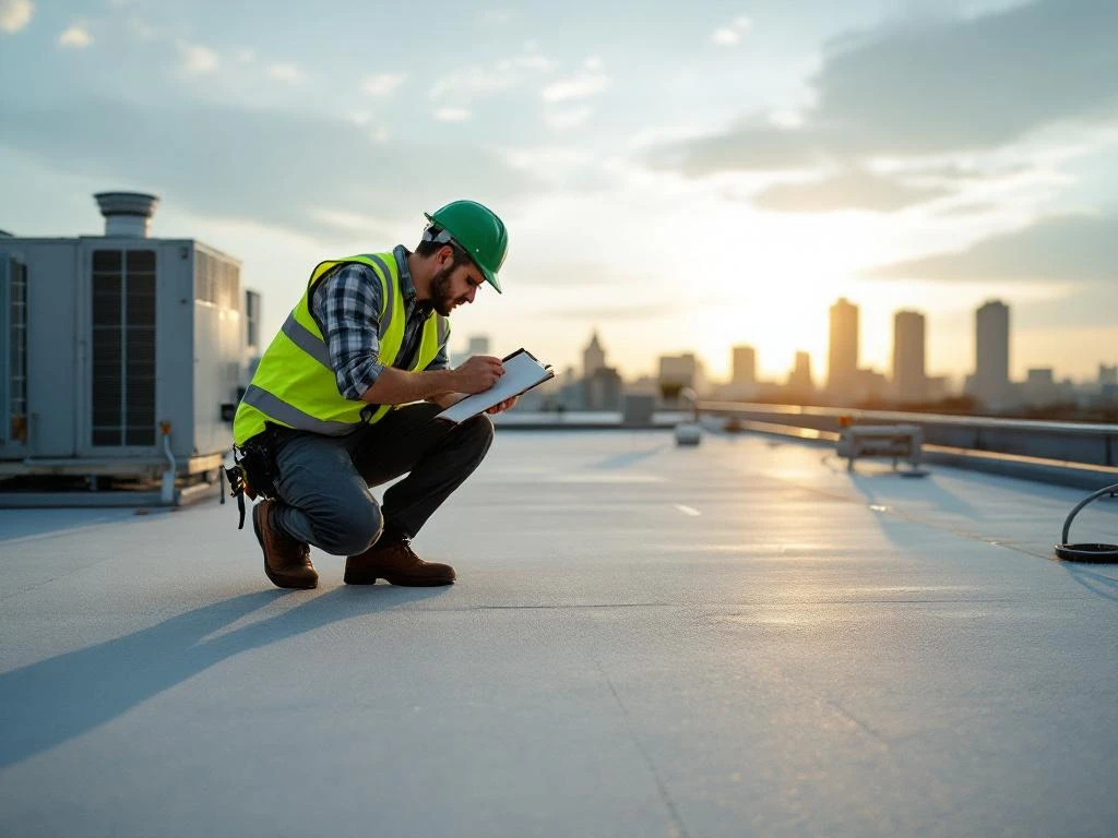 Professionele aannemer in veiligheidsvest inspecteert dakbedekking op plat dak met klembord, HVAC-units op achtergrond