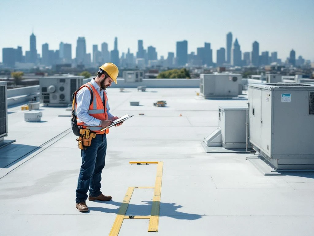 Professionele inspecteur in veiligheidspak onderzoekt plat dak met meetgereedschap, HVAC-systemen op achtergrond