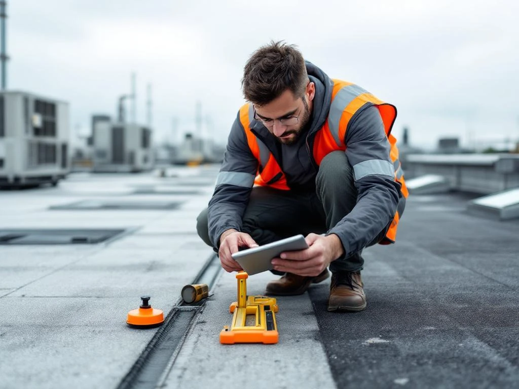 Professionele bouwinspecteur in veiligheidsvest onderzoekt plat dak met tablet en meetgereedschap op industrieel gebouw