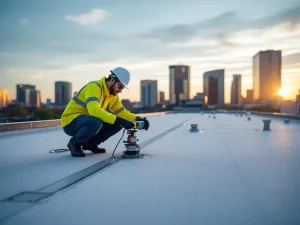 Professionele dakinspecteur in veiligheidspak onderzoekt plat commercieel dak met moderne apparatuur, Rotterdam skyline