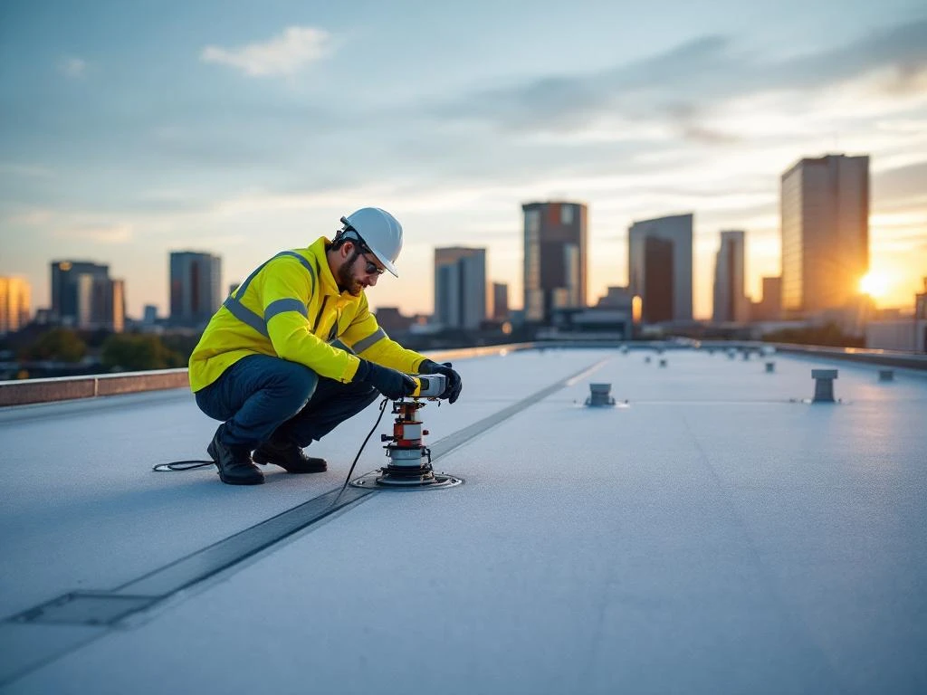 Professionele dakinspecteur in veiligheidspak onderzoekt plat commercieel dak met moderne apparatuur, Rotterdam skyline