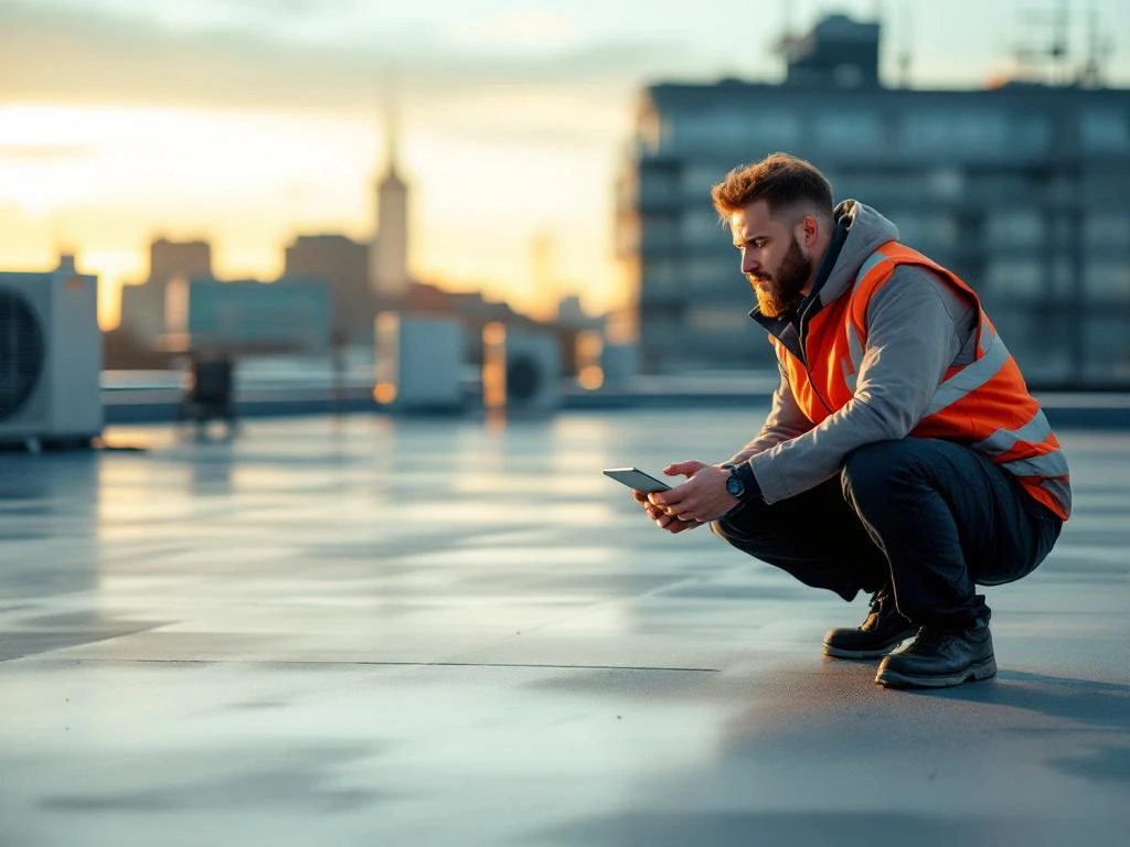 Professionele gebouwinspecteur met tablet onderzoekt commercieel dak met HVAC-apparatuur, Rotterdam skyline op achtergrond